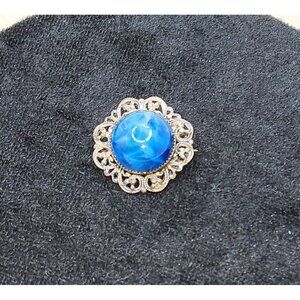Antique Silver Tone Swirl Pattern Blue Glass Bead Brooch